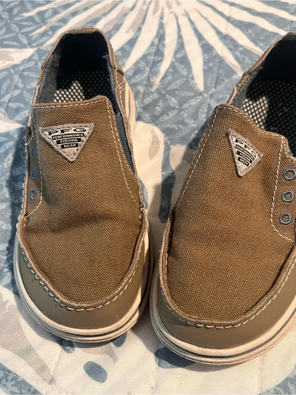 Columbia PFG Brown Canvas Rubber Boat Shoes Size 11 Slip On